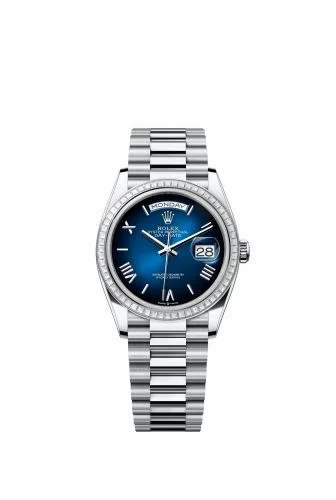 Rolex Day-Date 36 Platinum - Baguette / Blue Ombré - Roman / President 128396TBR-0021 (m128396tbr-0021)